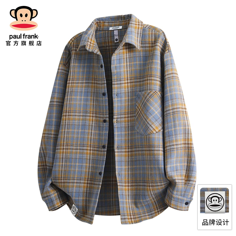 PaulFrank/大嘴猴复古撞色衬衫男士秋季新款休闲宽松翻领长袖上衣
