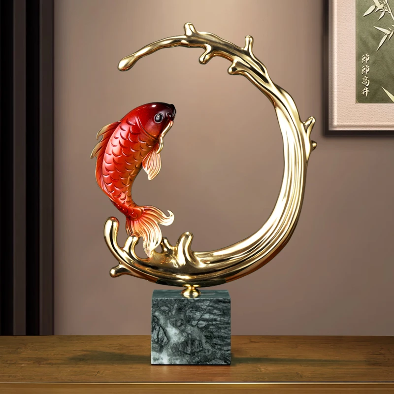 中式新中式创意风格现代风全铜鲤鱼客厅卧室玄关柜新家乔迁摆件
