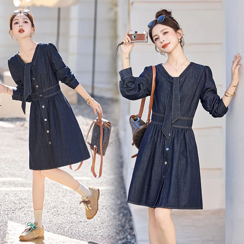 韩系气质系带牛仔连衣裙女2025春秋新款设计感洋气减龄中长款裙子