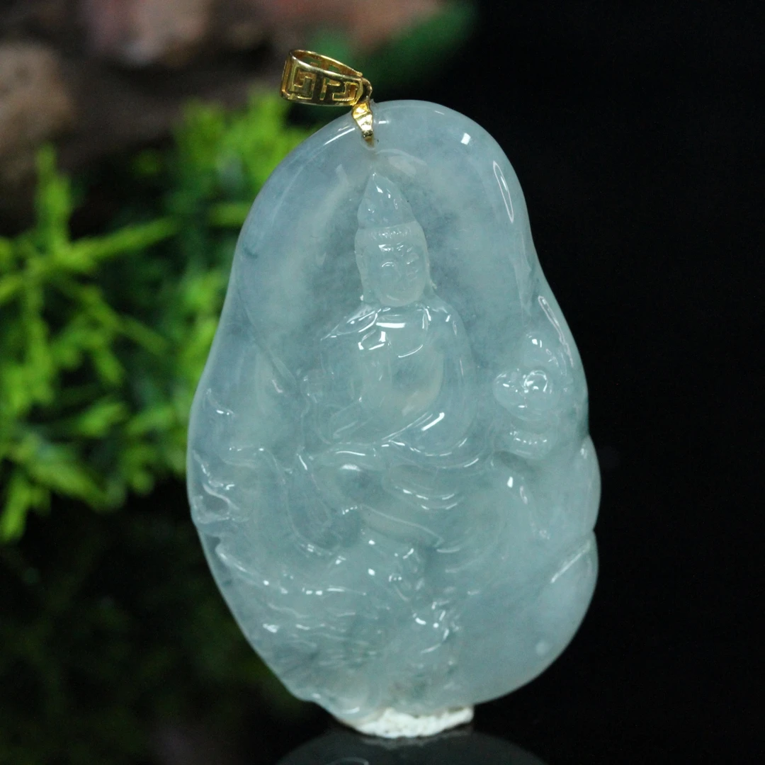 天然缅甸翡翠A货18K金镶冰胶福泽绵长观音吊坠/01035045/拍卖