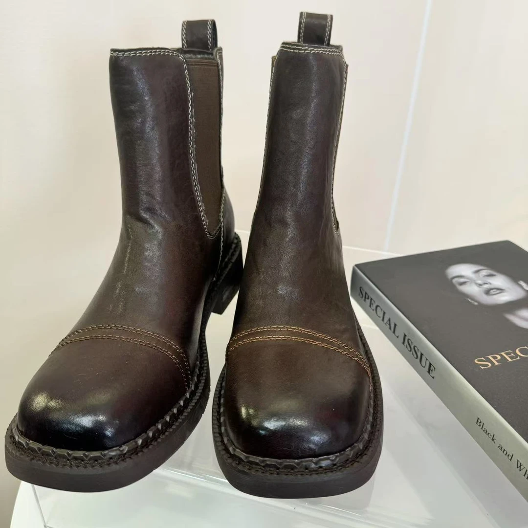 麦麦定制复古一脚蹬绗线复古中筒靴089323