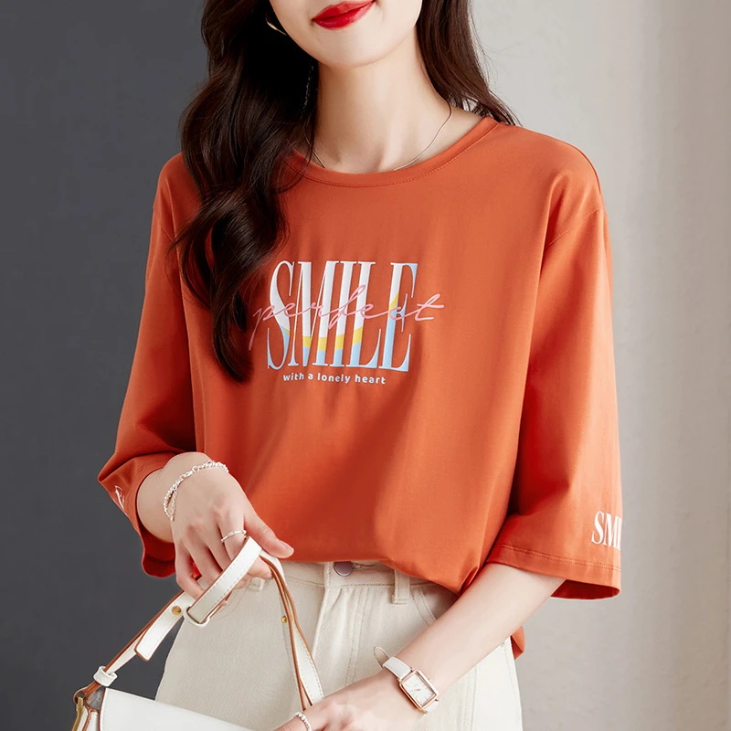 精梳棉洋气圆领七分袖宽松遮肉显瘦休闲百搭上衣时尚高级女装中袖