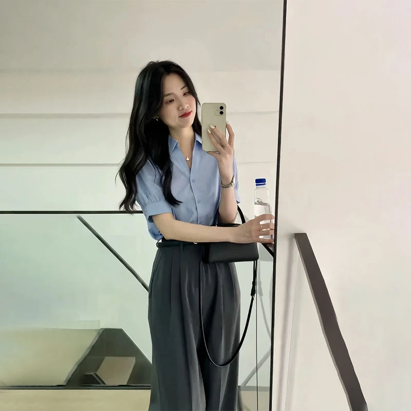 通勤风穿搭套装2025夏季新款韩系百搭POLO领衬衫高腰休闲裤两件套