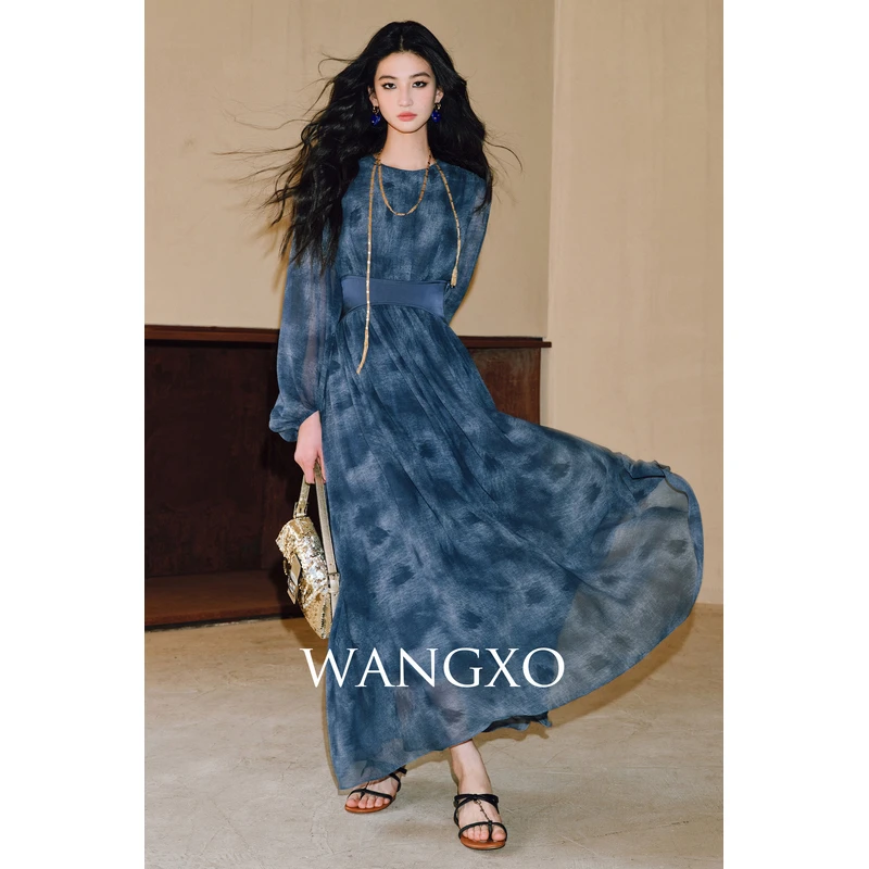 WANGXO 重磅双面乱麻耗材8米收腰大摆裙  2401686W