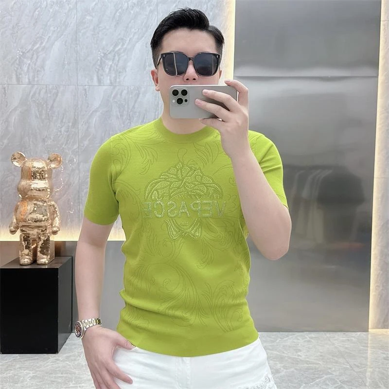 2025新款男士春夏季高品质冰麻针织时尚潮流圆领撞色短袖6708