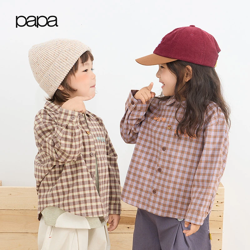 papa爬爬秋季儿童衬衫男女童洋气格子衬衣格纹衬衫