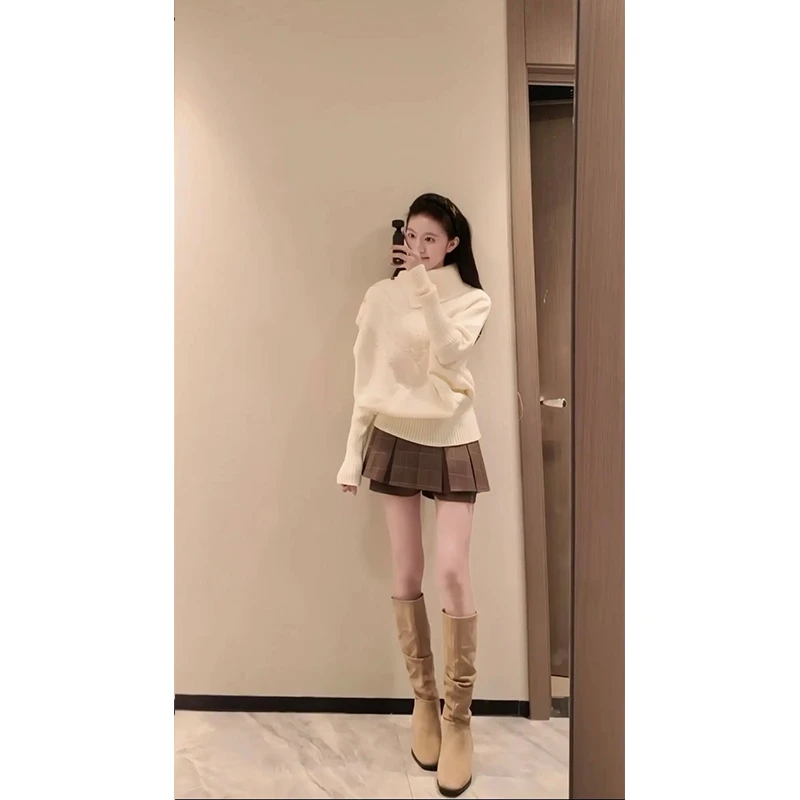 秋冬一整套女装2025新款韩系高领蝠袖斗篷针织衫高腰百褶裙两件套