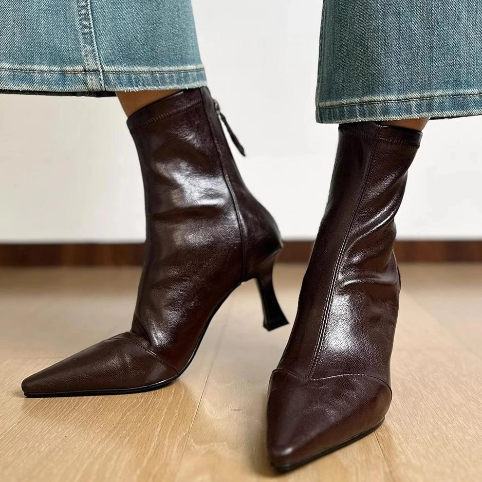 2025新款高跟尖头短靴法式细跟弹力靴女百搭软皮拉链真皮瘦瘦靴