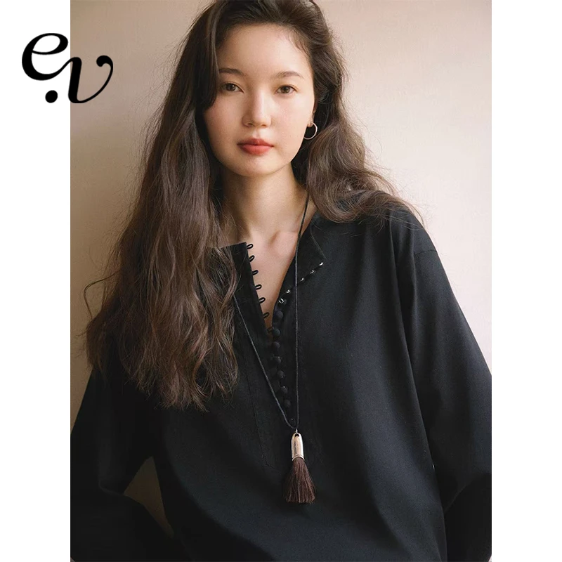 Even Vintage | 100%棉 慵懒感复古亨利领纯色宽松长袖秋冬T恤