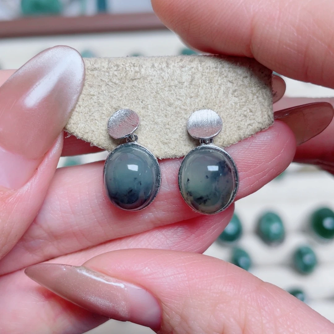 岫玉银S925镶嵌耳钉