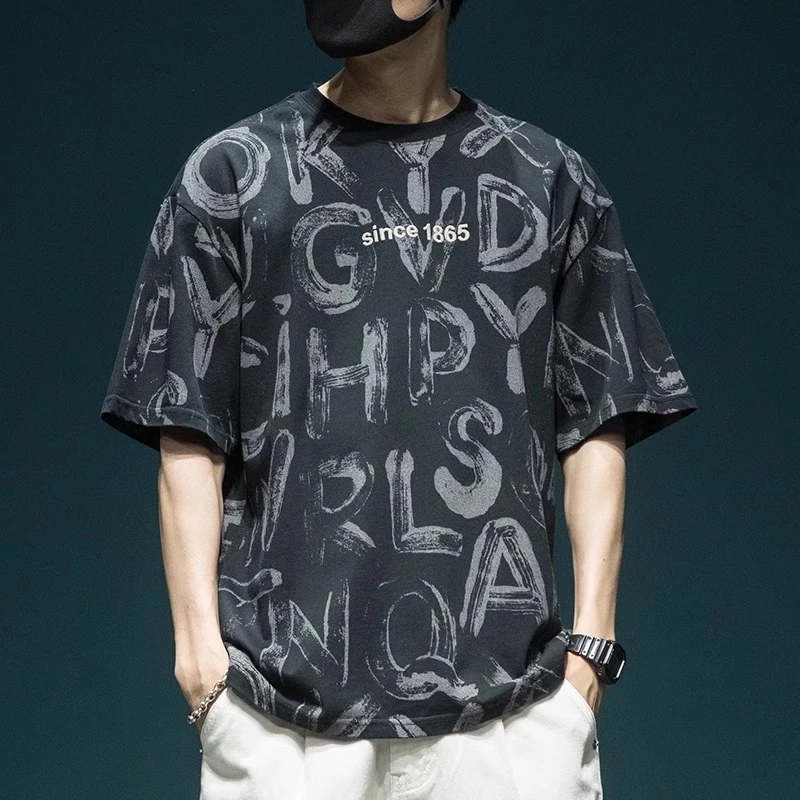 轻奢痞帅潮牌炸街男装男生衣服短袖t恤高级感爆款2025新款满印