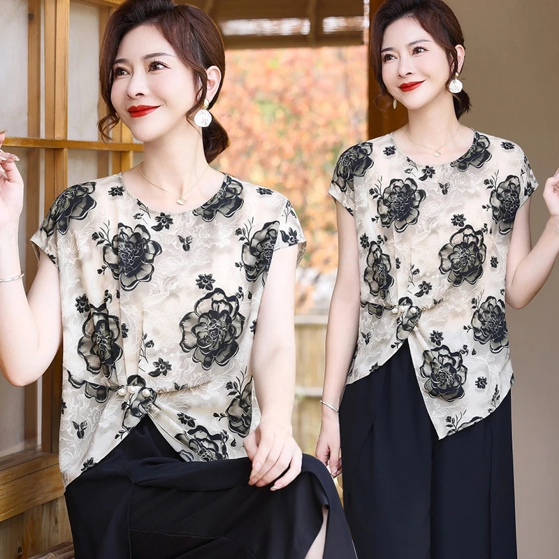 母亲节妈妈夏装雪纺洋气上衣服母亲节时尚套装中老年女40岁50T恤