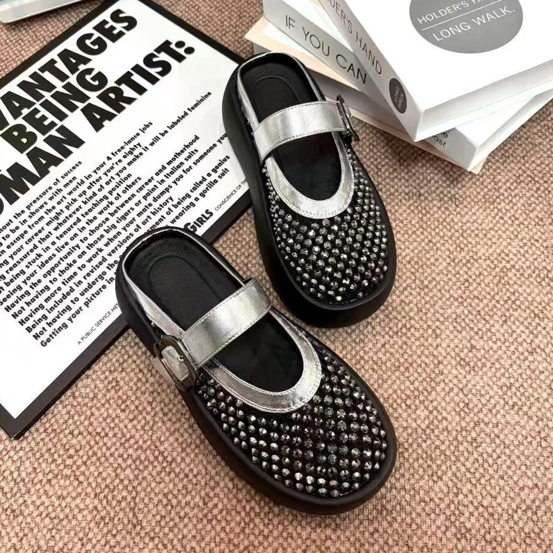 水钻包头拖鞋女夏季新款透气皮带扣单鞋厚底时尚玛丽珍鞋