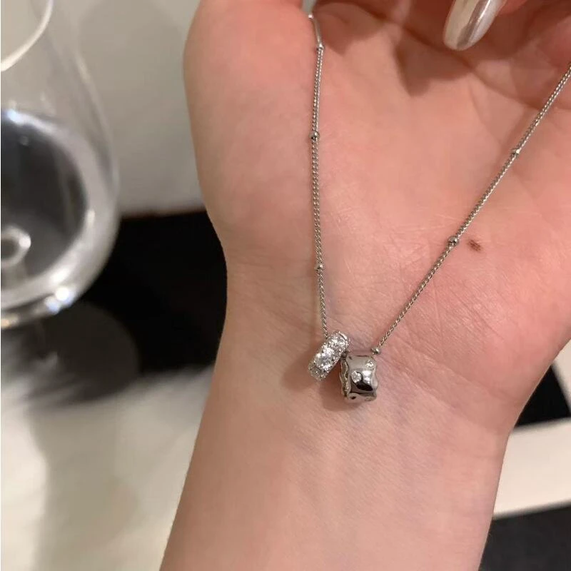韩版简约纯银锆石双圈闪钻项链