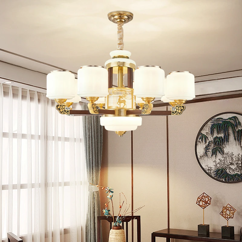 2025新中式复式楼别墅客厅大吊灯中空楼中楼挑高中国风实木加铜