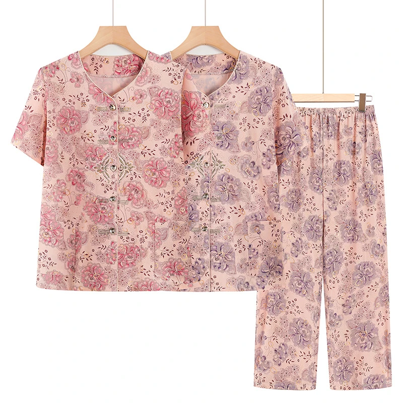 奶奶夏装冰丝套装小个子老人衣服薄款妈妈装夏季休闲居家服两件套