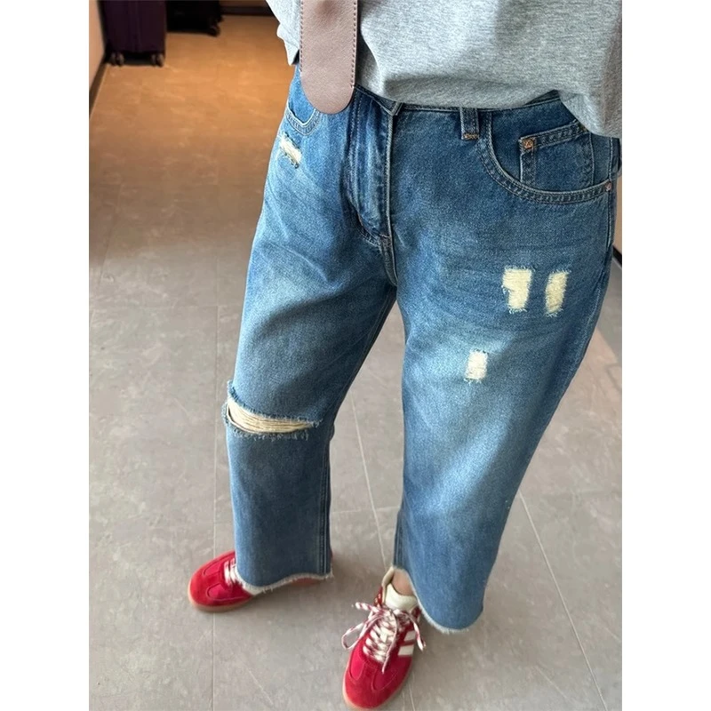 破洞牛仔裤胖mm显瘦九分裤大码女裤胖妹妹高腰弹力直筒毛边阔腿裤