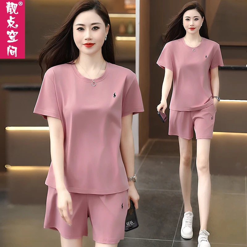 中年2025夏装新款短袖短裤休闲运动套装韩版圆领夏天显瘦跑步时尚