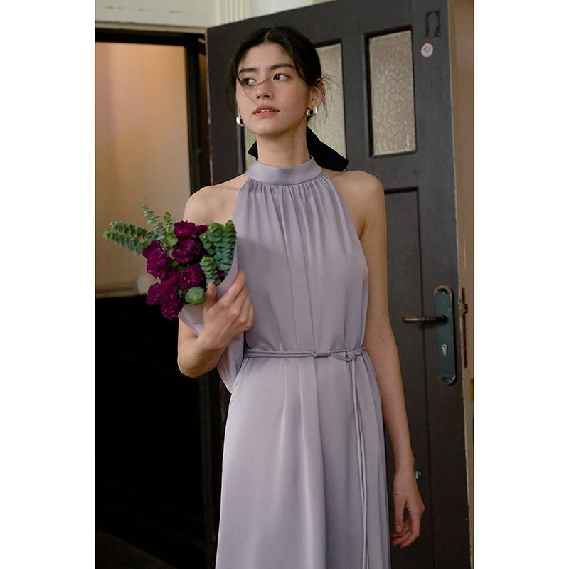 popchrio法式挂脖宽松无袖吊带背心连衣裙本布腰带中长款裙子女