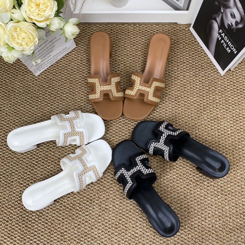 网红经典千鸟格拖鞋女2025夏仙女风复古简约拼色潮流低跟凉拖女鞋
