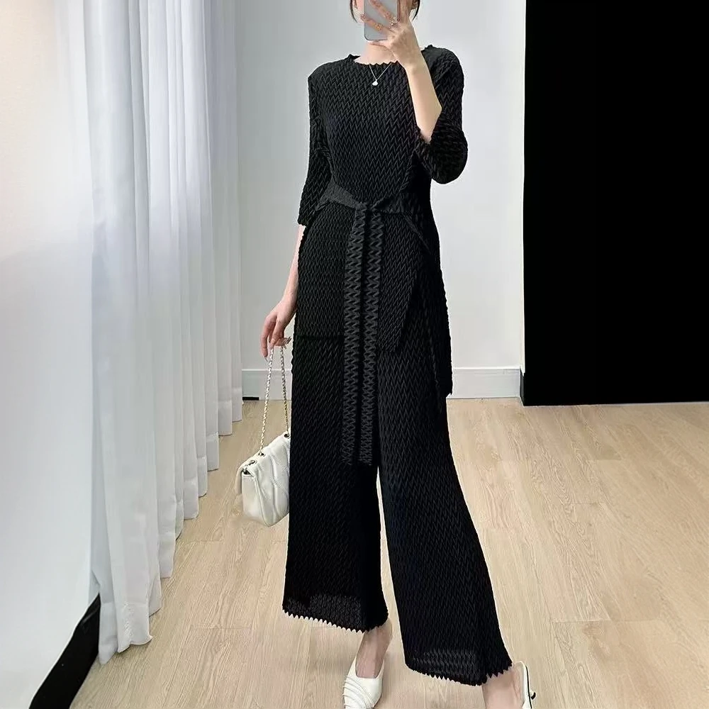 褶影工厂店三宅套装重工菠萝褶时尚洋气套装显瘦圆领两件套ZY026T