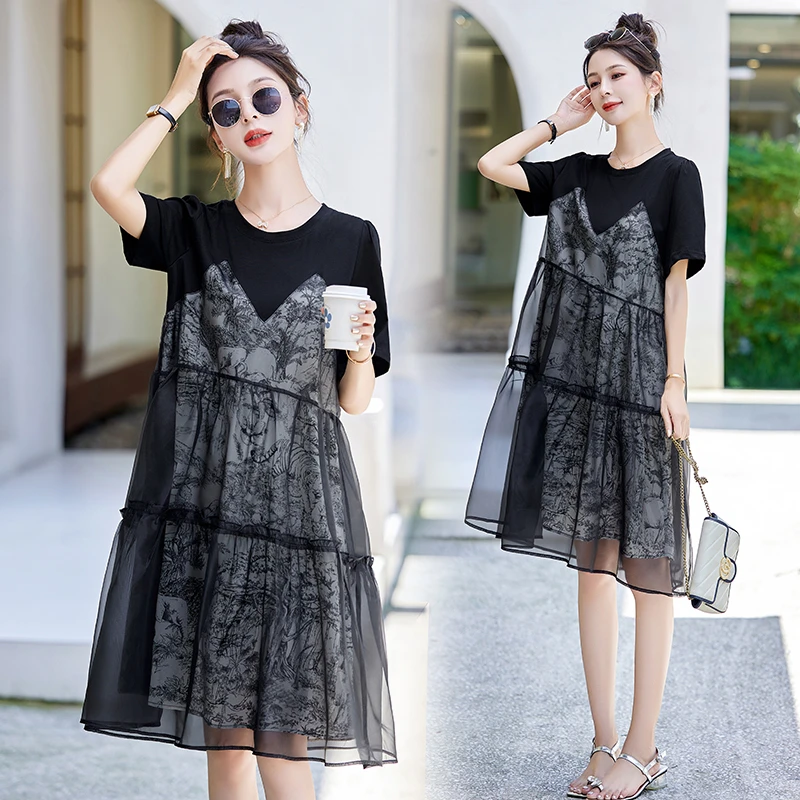 韩版网纱拼接印花连衣裙女2025年夏季新款设计感假两件中长款裙子