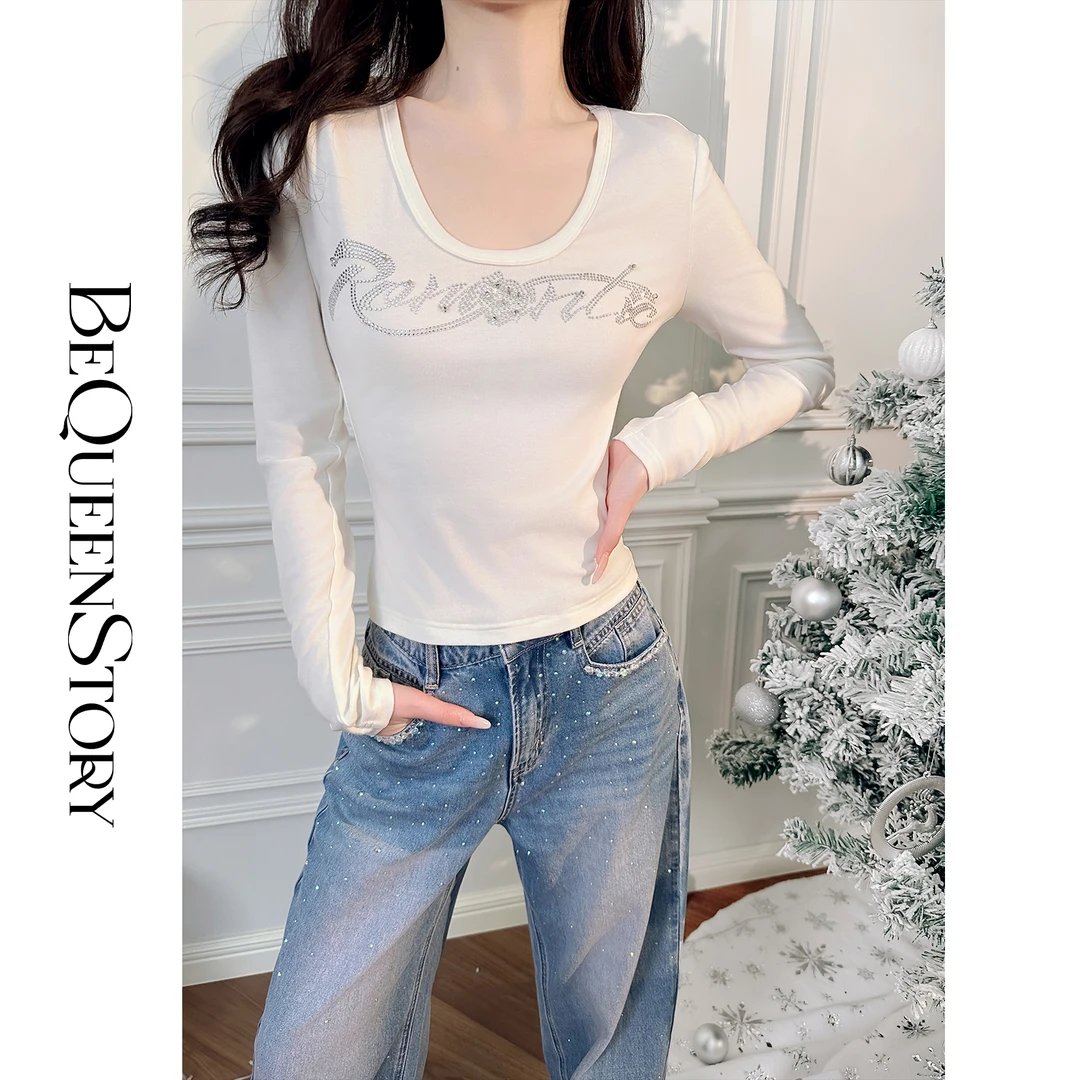 余潇潇【心动街角】天丝羊毛重工烫钻U领修身打底衫2025年新款