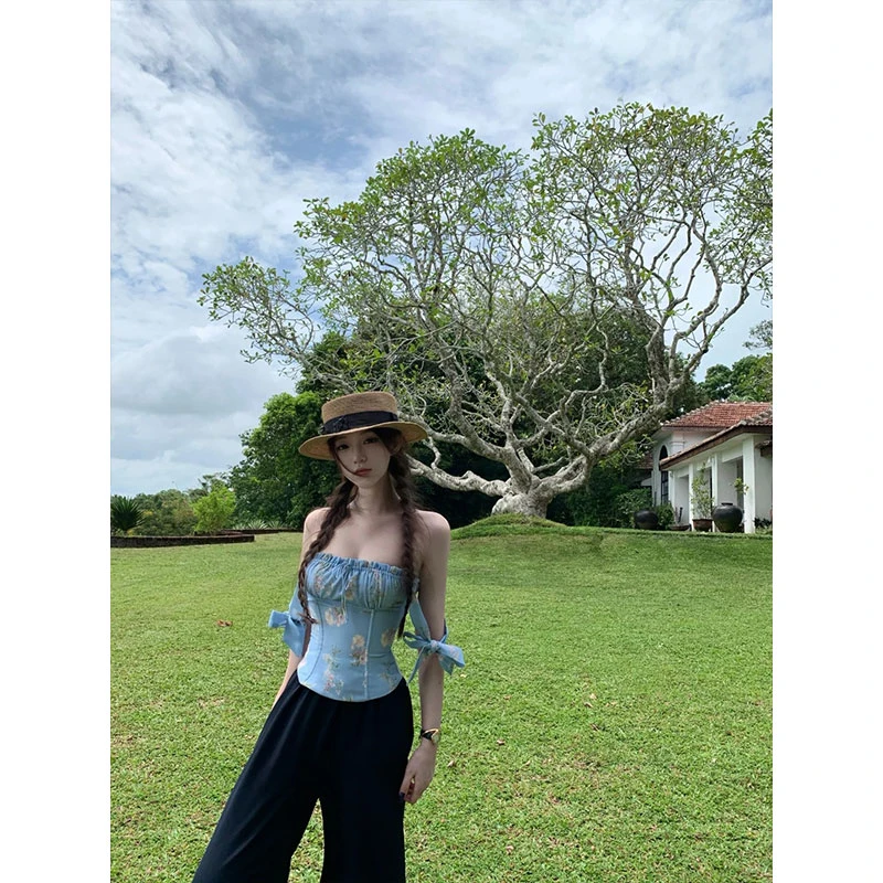 2025夏季新款纯欲辣妹系绑松紧抹胸印花上衣阔腿直筒休闲裤两件套