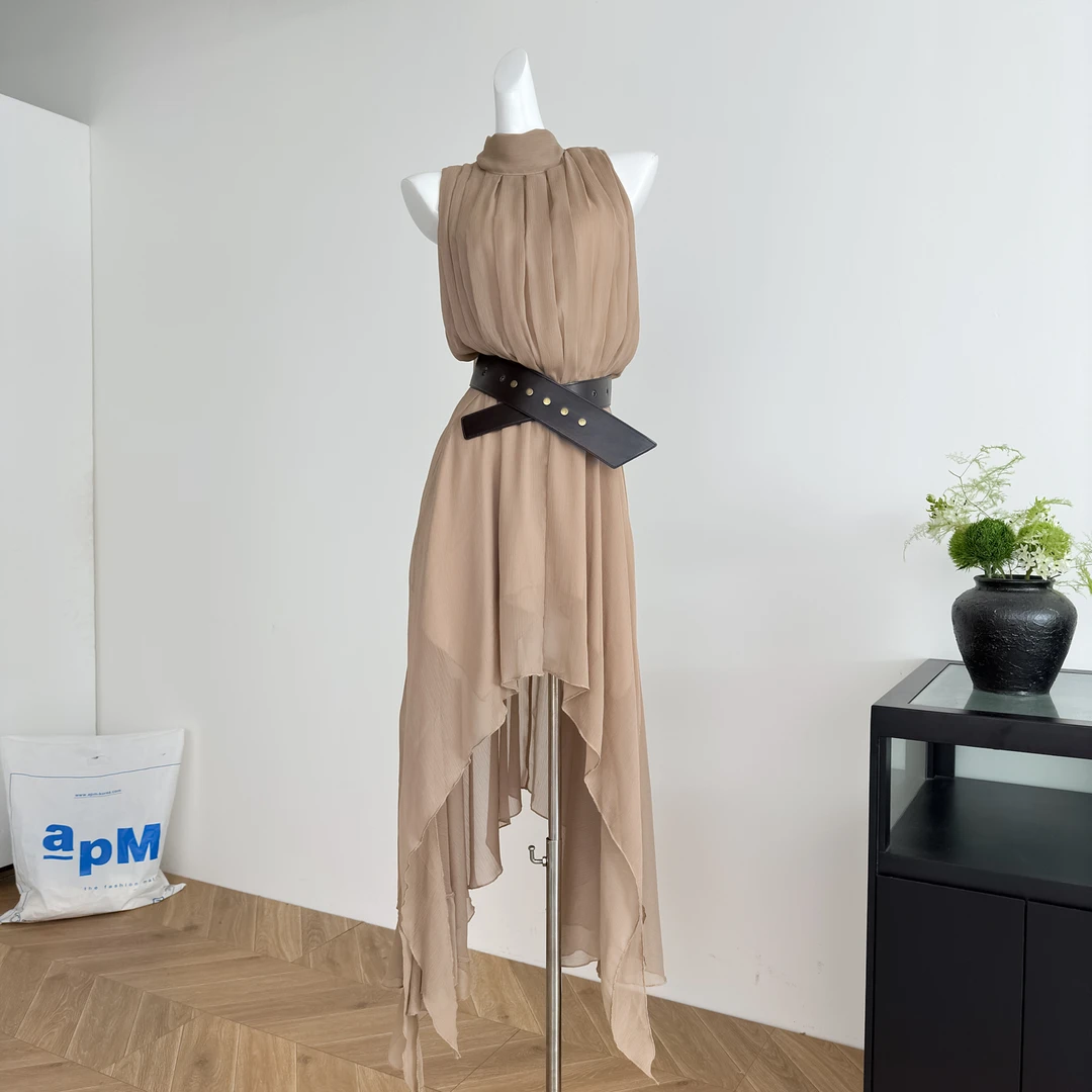 设计优雅可露丽风无袖雪纺背心连衣裙不规则飘逸裙摆长裙