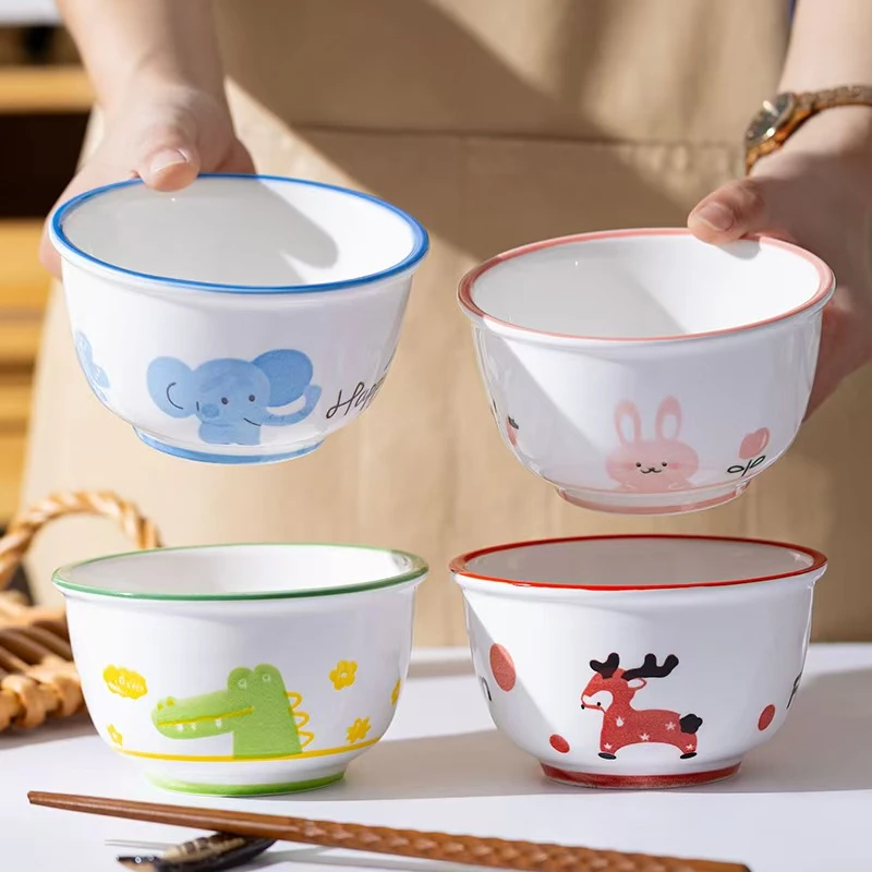 4只装4.5英寸高颜值卡通陶瓷餐具家用儿童饭碗可爱陶瓷餐具创意