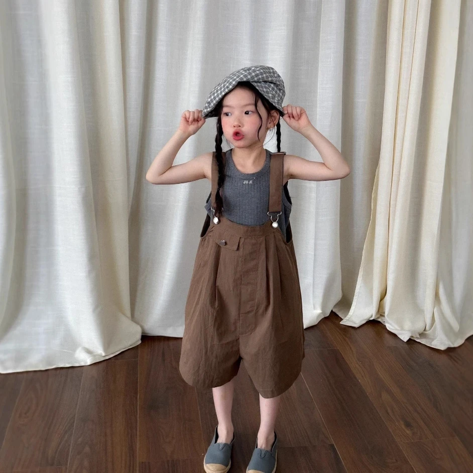 《小思家》女童2025夏季新款韩版休闲百搭纯色背心棉布背带短裤套装