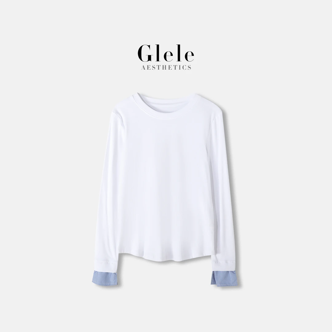 Glele私服「拼接袖T」小众拼接袖抽褶修身显瘦撞色打底