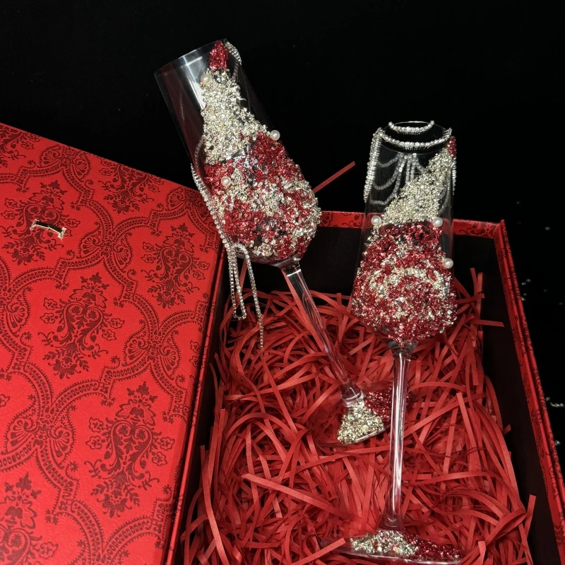 敬酒杯diy结婚高脚杯敬酒杯杯子结婚一对礼盒装红色敬酒杯喜杯