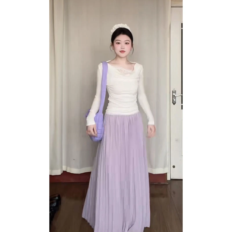 新款辣妹纯欲休闲百搭设计感蕾丝长袖上衣T恤高腰修身显瘦a字长裙