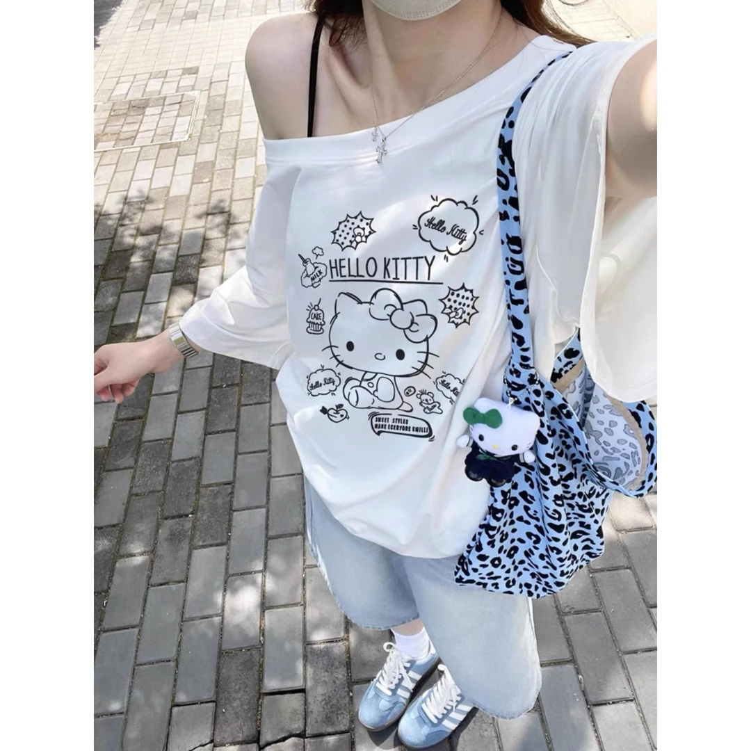 100%纯棉240克kitty斜肩白色短袖t恤女夏季宽松设计感上衣