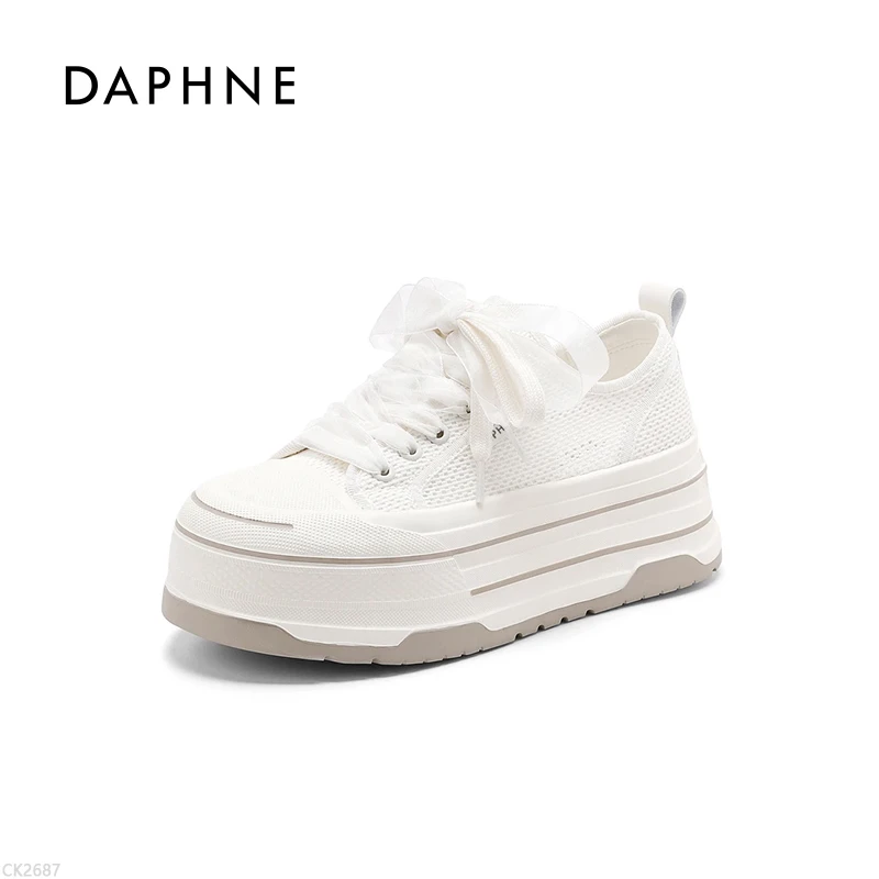 达芙妮透气网面鞋女2025夏新款厚底增高百搭板鞋时尚系带休闲鞋6