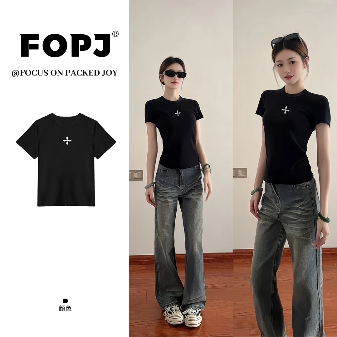FOPJ美式甜辣夏季新款正肩短袖t恤女修身显瘦休闲百搭纯欲风上衣