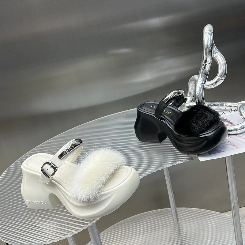 毛毛坡跟外穿拖鞋女2025夏季新款厚底小个子时尚增高凉拖DG209-2