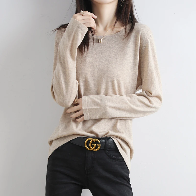 秋薄款精纺羊毛衫女圆领打底衫宽松慵懒风纯色羊绒针织衫短款毛衣