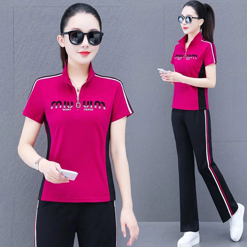 时尚休闲运动套装女2025新款夏季广场舞冰丝立领短袖直筒裤两件套