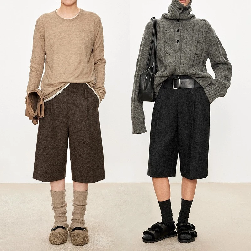 秋冬重磅法兰呢六分阔腿裤，超时髦款休闲百搭复古宽松混色羊毛裤