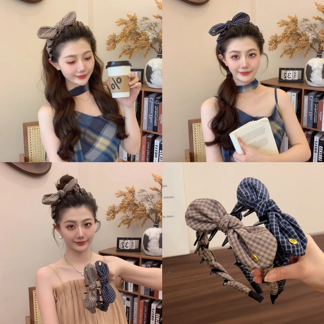 甜美兔耳蝴蝶结格子发箍女波浪头箍高颅顶显脸小头箍洗脸发卡