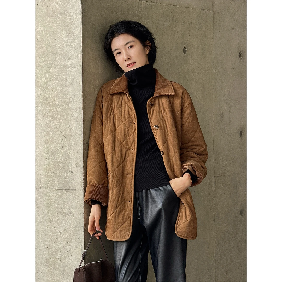 LANGQING 灯芯绒拼接菱格宽松长袖中长款棉服47793#