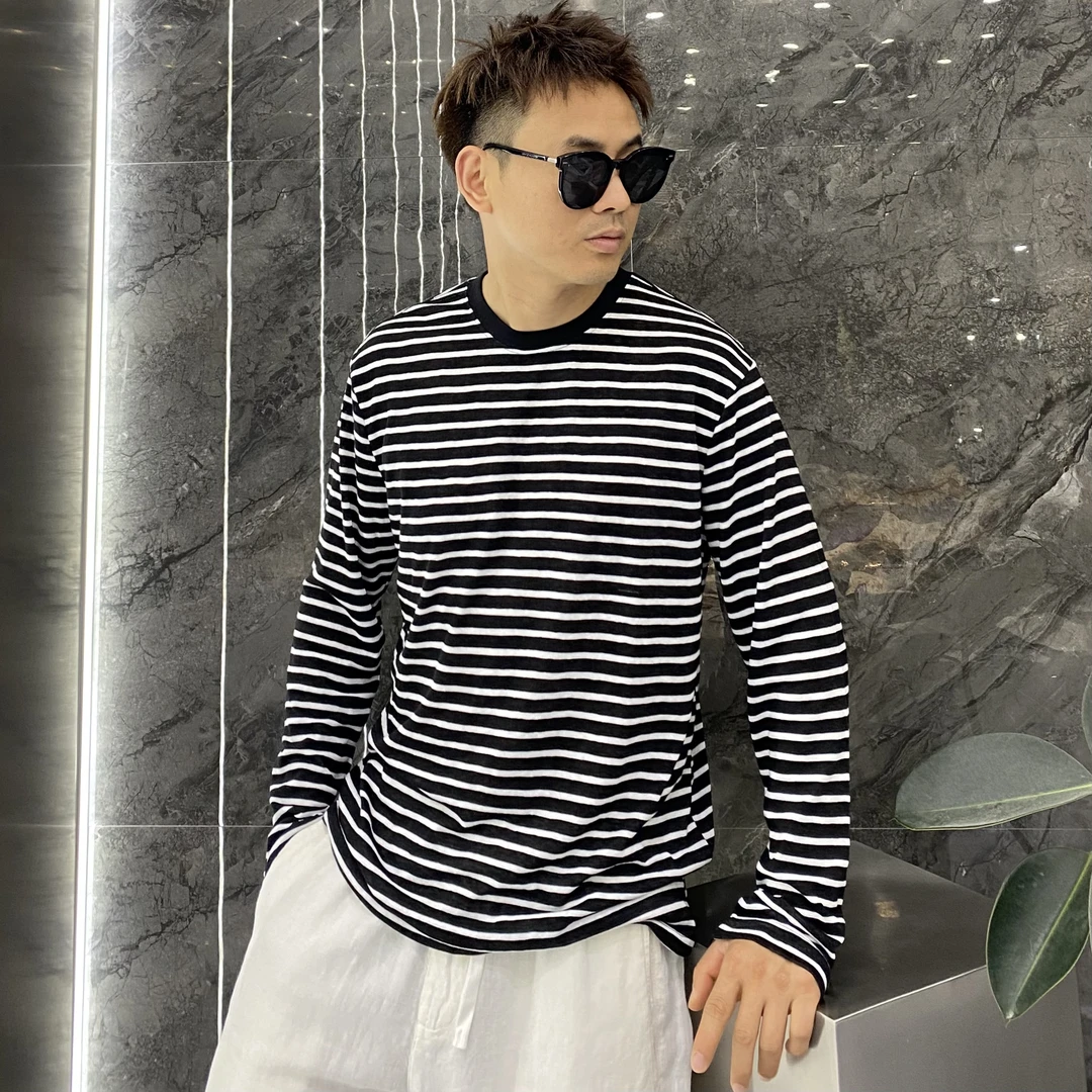 夏季慵懒风超薄透气亲肤横条纹防晒长袖T恤轻薄微宽松痞帅弹力T恤