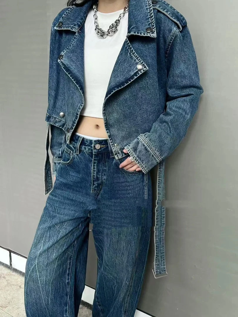 美式复古牛仔外套女春秋季2024新款高级感翻领短款夹克上衣潮1026