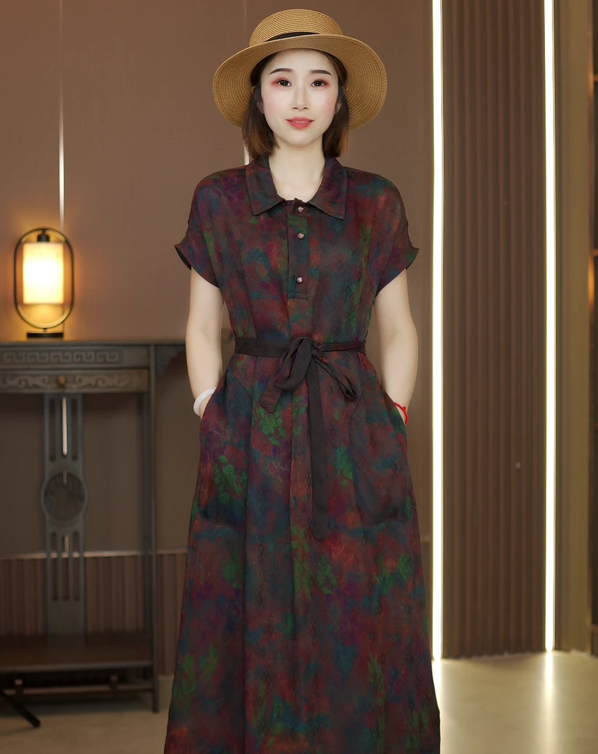 【鸿运】双面双穿 新中式国风显瘦中长款夏日清爽气质翻领连衣裙