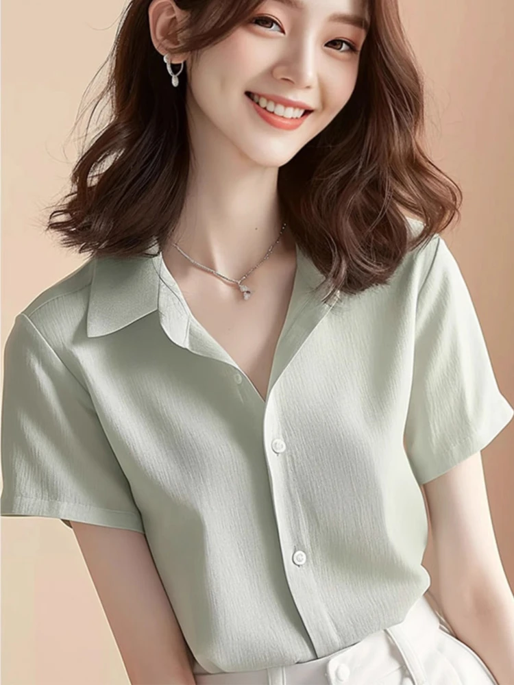 2025时尚感温柔气质绿色翻领短袖衬衫女夏季新款洋气别致绝美上衣