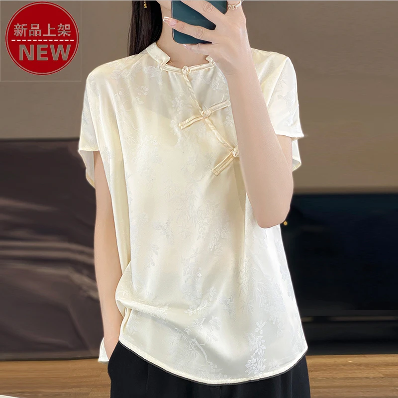 2025夏季新款短袖立领常规袖缎面短袖绣花欧若假日风中式盘扣上衣