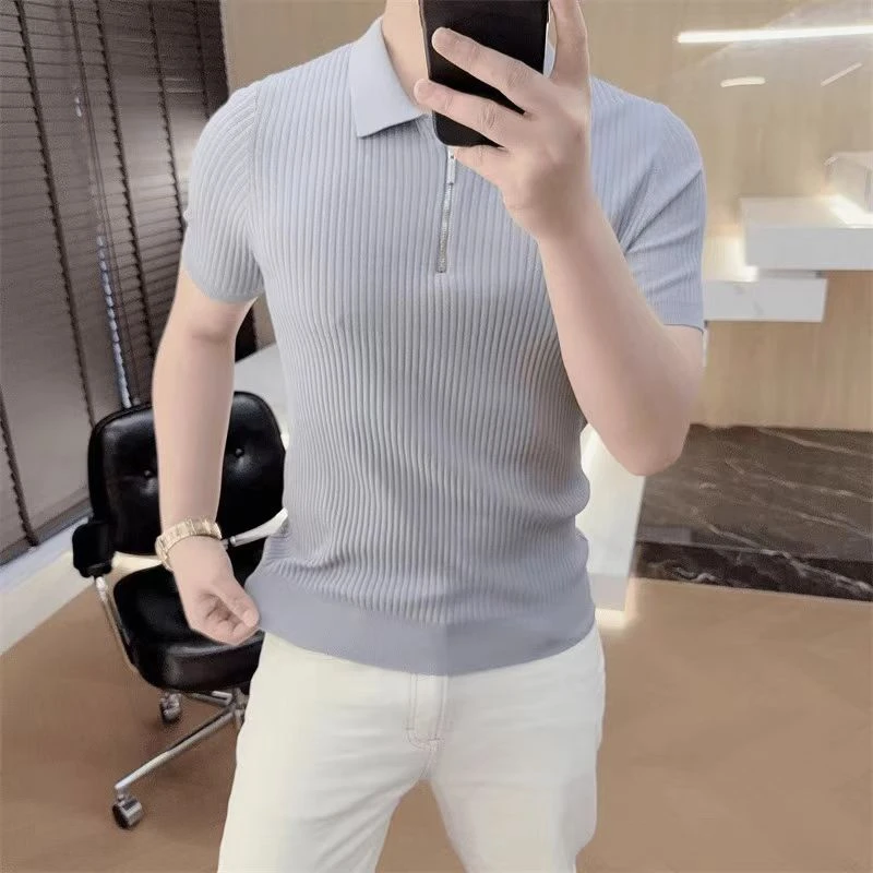 男士针织半拉链翻领短袖polo衫夏季薄款透气时尚半袖T恤男装6506