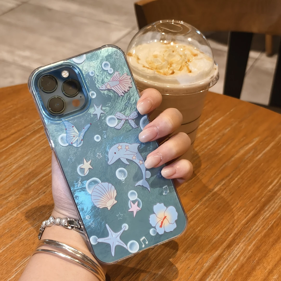 【入月】海底世界贝壳海豚大孔冰川纹手机壳不包摄像头